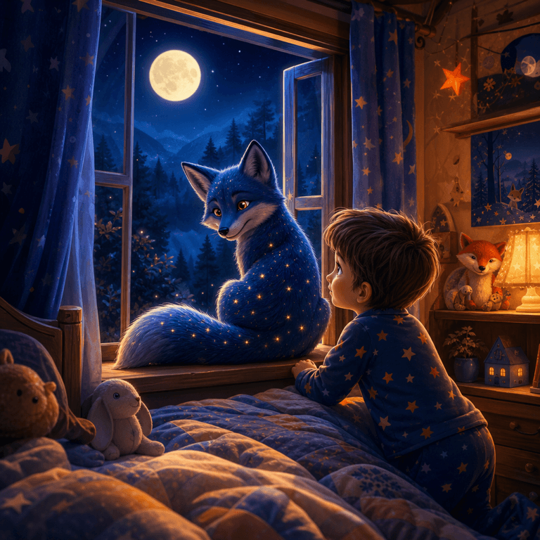 Illustration d'une histoire Fabulio : un enfant et un renard étoilé à la fenêtre, la nuit.